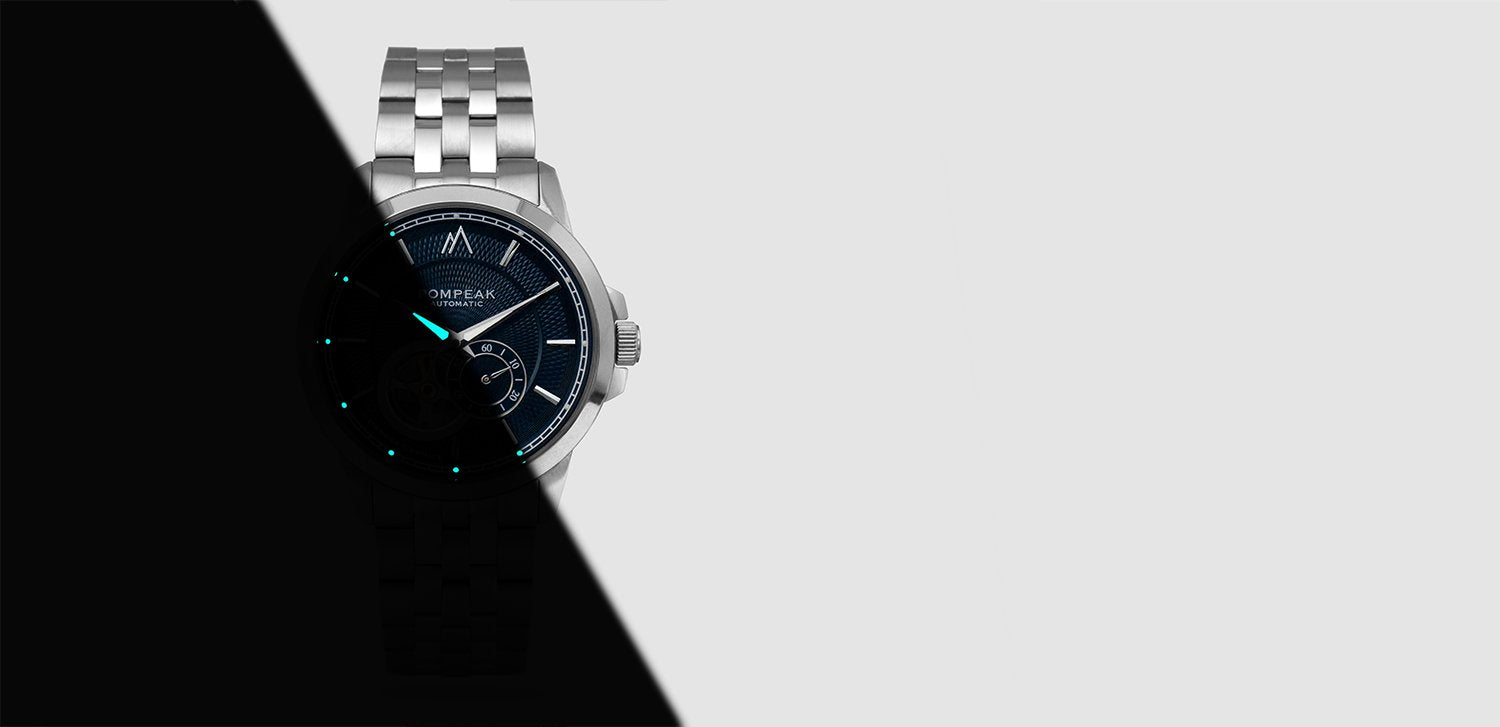 Pompeak watches gentlemens collections page header. British designed open heart automatic mens watch