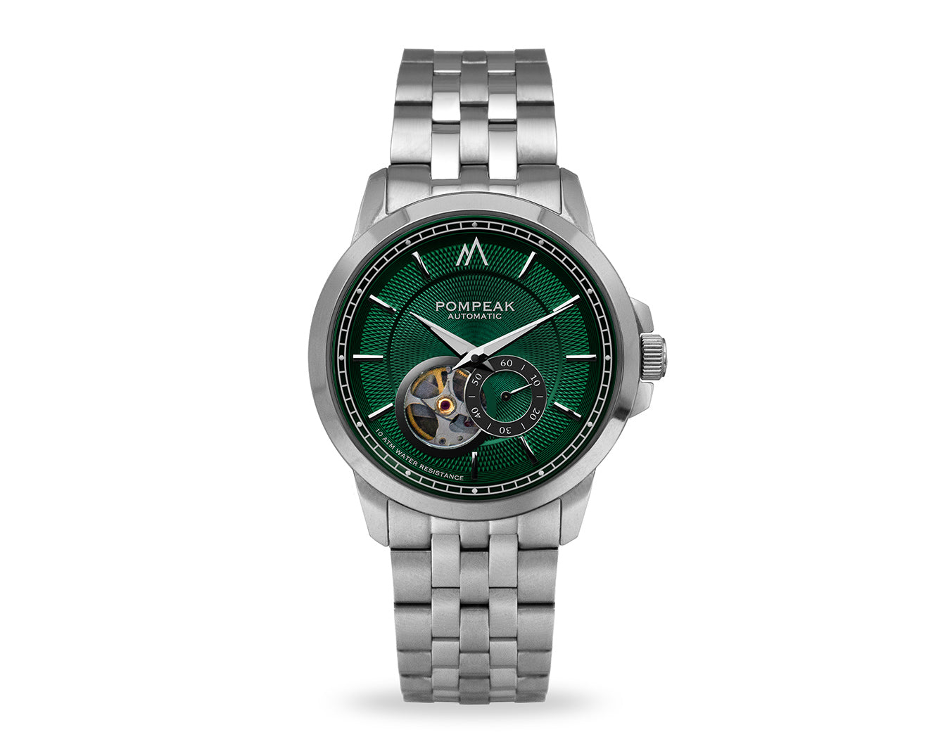 Pompeak automatic British Racing Green watch with 316L stainless steel bands and butterfly deployment clasp