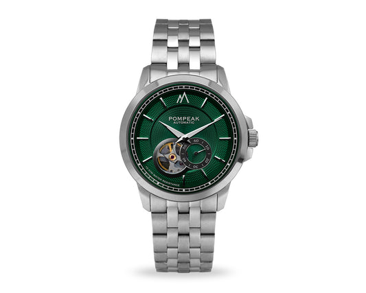 Pompeak automatic British Racing Green watch with 316L stainless steel bands and butterfly deployment clasp