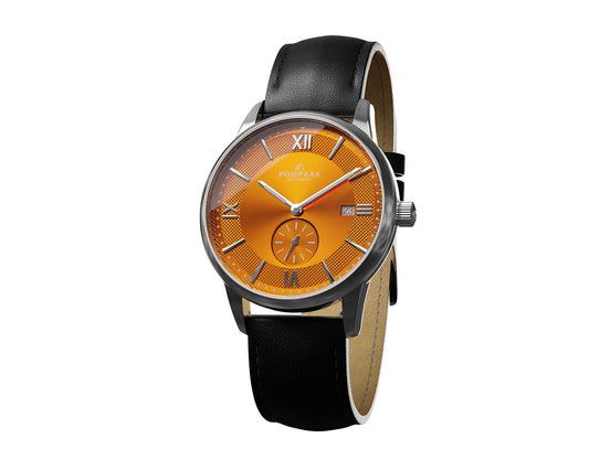 Side profile of the Mallory Orange Crush watch, showcasing the slim 40mm stainless steel case, solid sapphire crystal, and polished finishing.