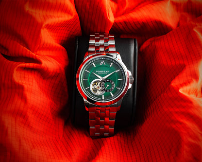 Detailed shot of the elegant British Racing Green timepiece highlighting its captivating green dial.