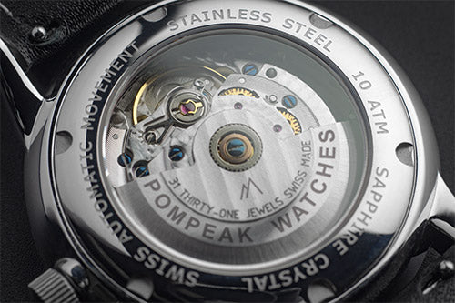 Exhibition caseback of the Pompeak Mallory displaying the decorated Sellita SW260-1