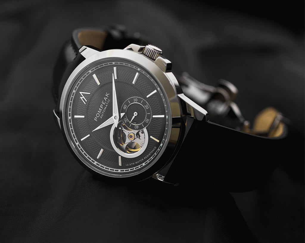 Pompeak Watches Gentlemens black and leather mens open heart watch