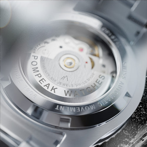 Sellita SW200-1 automatic swiss watch movement through the sapphire crystal Exhibition case back of the Pompeak Sub-Aquatic