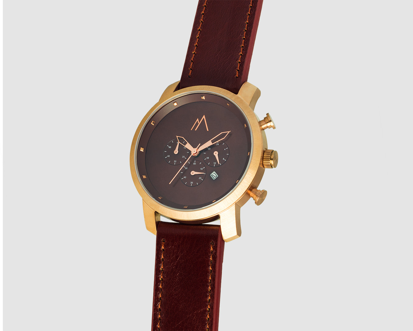 Quartz chronograph date watch metallic bands rose gold brown quick release leather