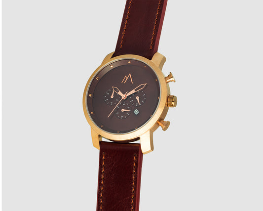 Quartz chronograph date watch metallic bands rose gold brown quick release leather