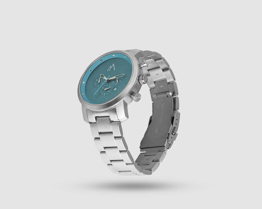 Quartz chronograph date watch metallic bands silver blue 45mm
