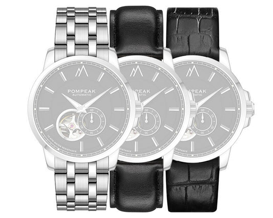 21mm watch straps. Full grain leather, mock croc and 316L stainless steel. Butterfly deployment claps in all. Black or brown.