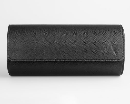 Black three slot Leather Watch roll - Front View