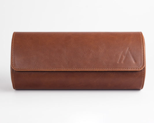 Brown three slot Leather Watch roll - Front View