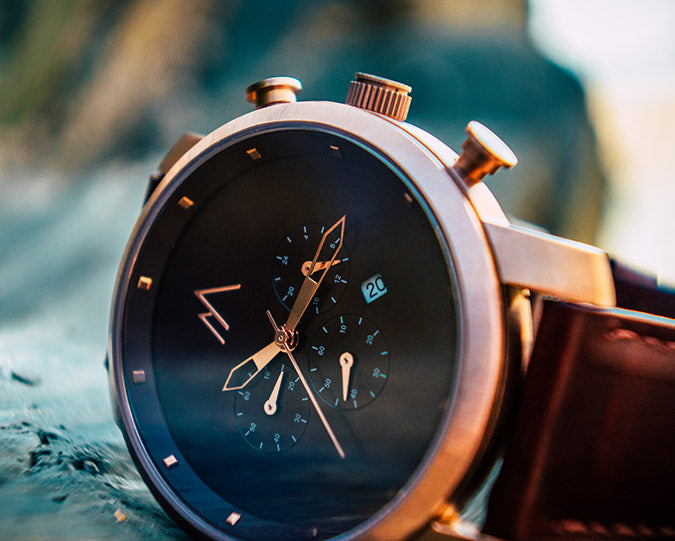 Quartz chronograph date watch metallic bands rose gold brown quick release leather