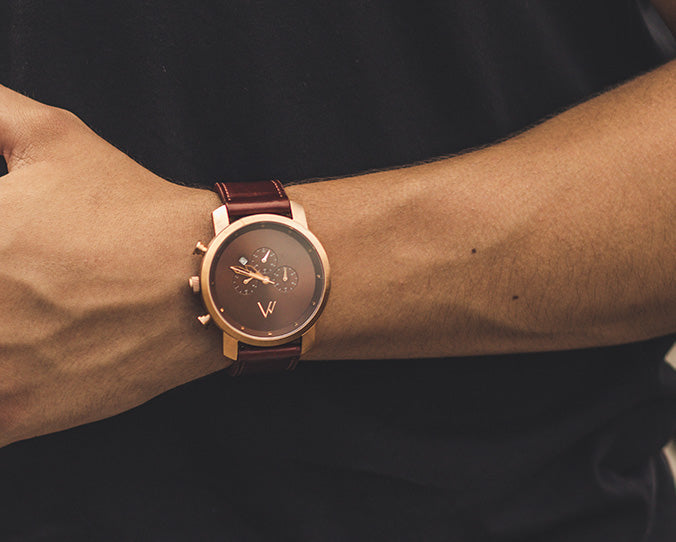 Quartz chronograph date watch metallic bands rose gold brown quick release leather