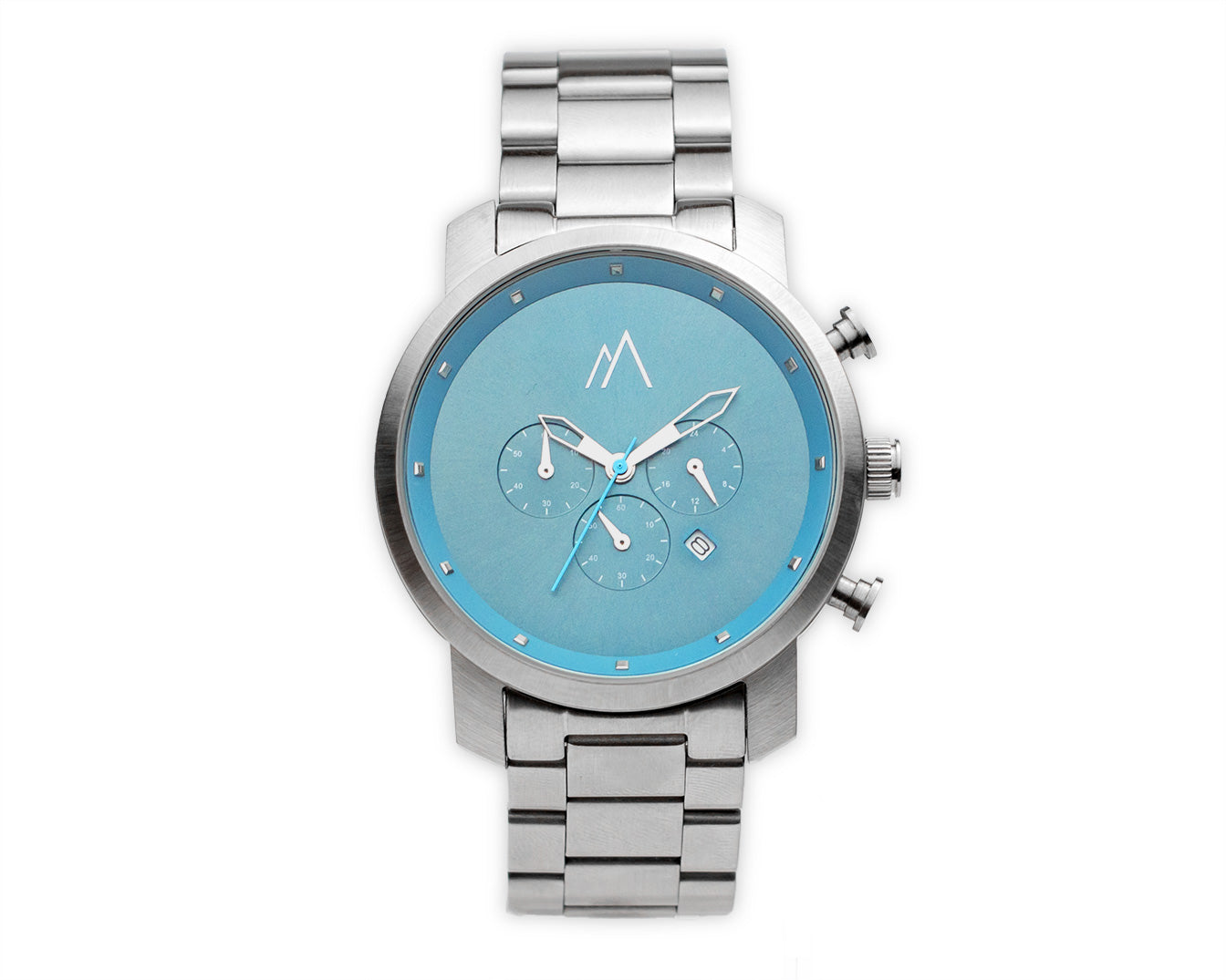 Quartz chronograph date watch metallic bands silver blue 45mm