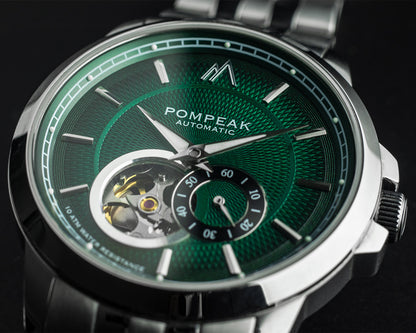 Close-up of the British Racing Green timepiece with a stunning fumed guilloche dial.