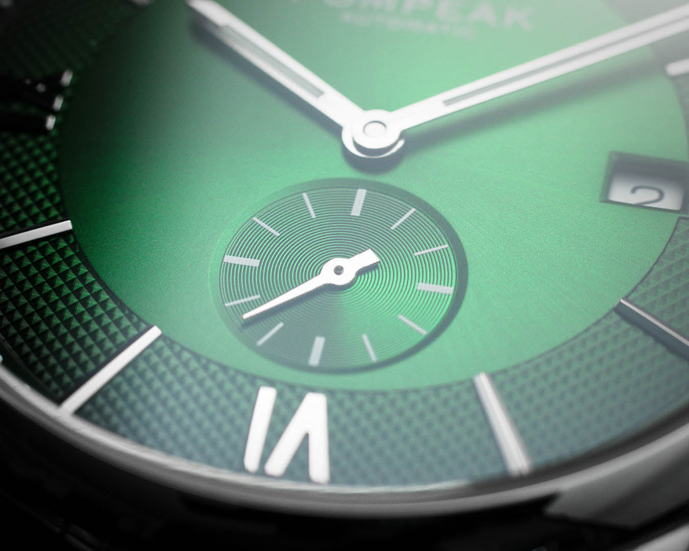 Close-up of the sub-seconds dial on the Mallory British Racing Green watch, featuring applied indices and intricate fumé dial texture.