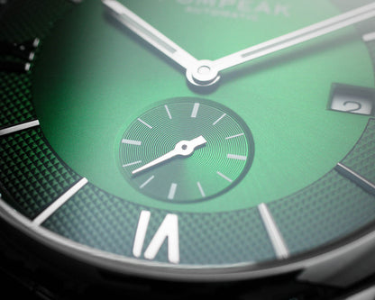 Close-up of the sub-seconds dial on the Mallory British Racing Green watch, featuring applied indices and intricate fumé dial texture.