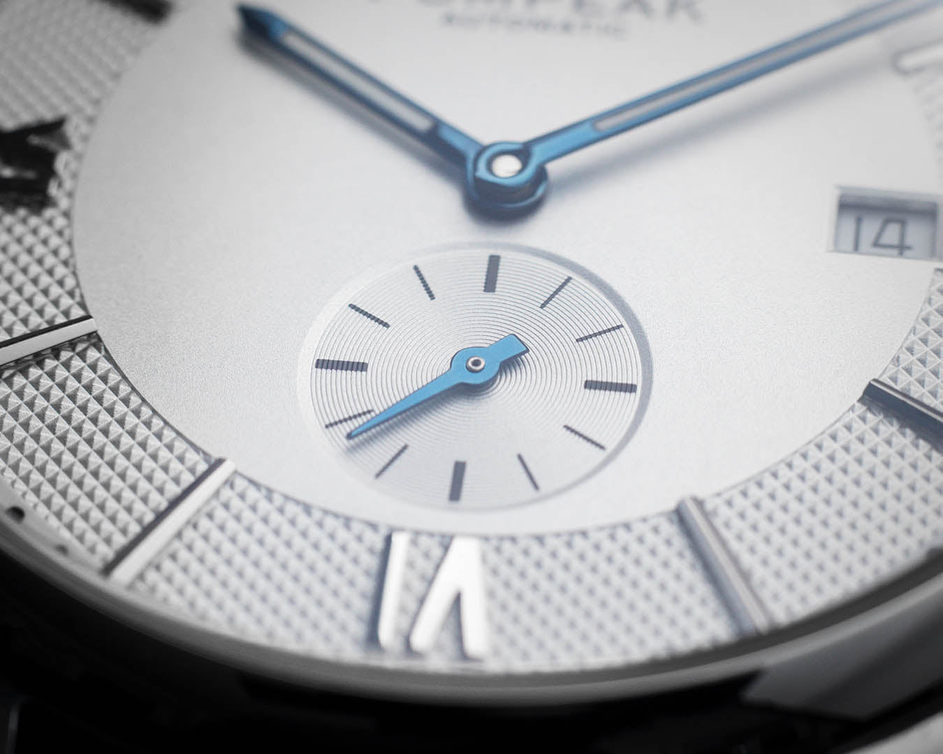 Close-up of the sub-seconds dial on the Mallory Timeless White watch, featuring applied indices and intricate dial texture.