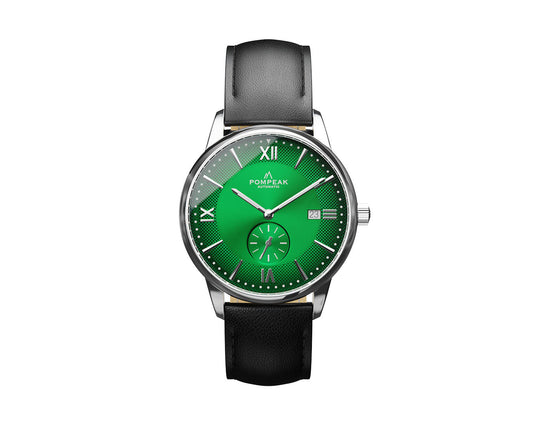 Mallory British Racing Green Swiss automatic dress watch with a fumé green dial, silver hands, and a 40mm stainless steel case.