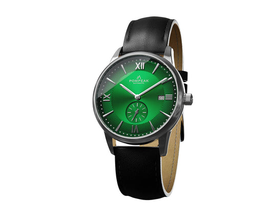 Side profile of the Mallory British Racing Green watch, highlighting its slim 40mm stainless steel case, solid sapphire crystal, and refined finishing.
