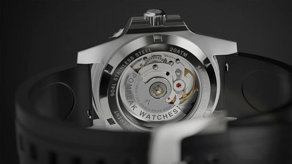 Sapphire Exhibition Case back of Pompeak Sub-Aquatic Swiss Powered Automatic Dive Watch