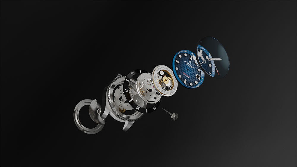 Exploded view of the Pompeak Sub-Aquatic Swiss Powered Automatic Dive Watch