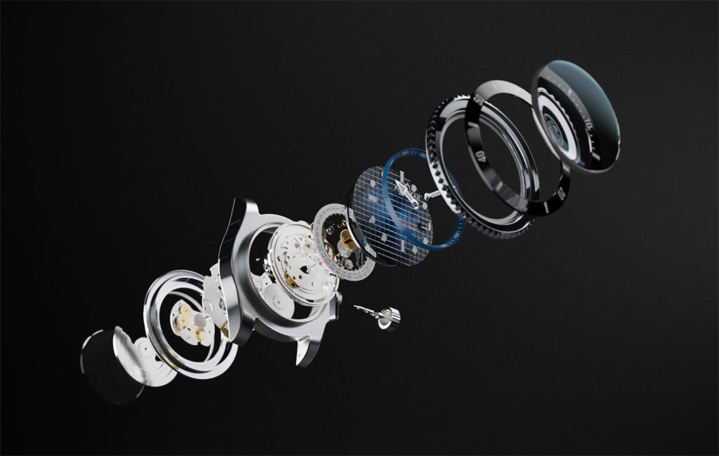 Pompeak Sub-Aquatic Watch Exploded View Showing all Components