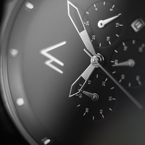 Macro Image of a Black Chronograph Watch Dial from Pompeak Watches Debut Collection