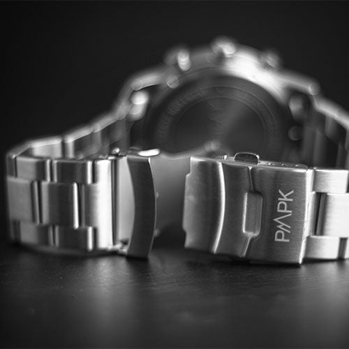 The Engraved Stainless Steel Buckle of Pompeak Watches Silver Sky Chronograph Watch