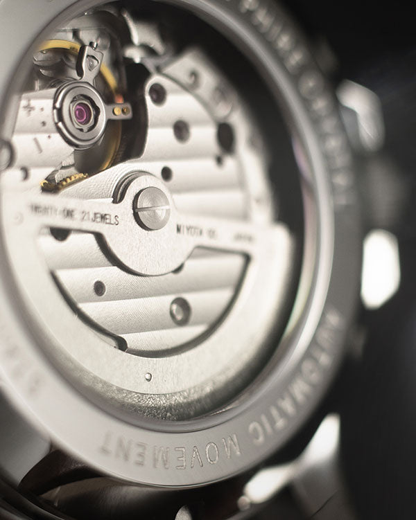 Exhibition Caseback of the Pompeak Gentlemens Collection Watch. Displaying the Miyota 82S5 Automatic Movement.