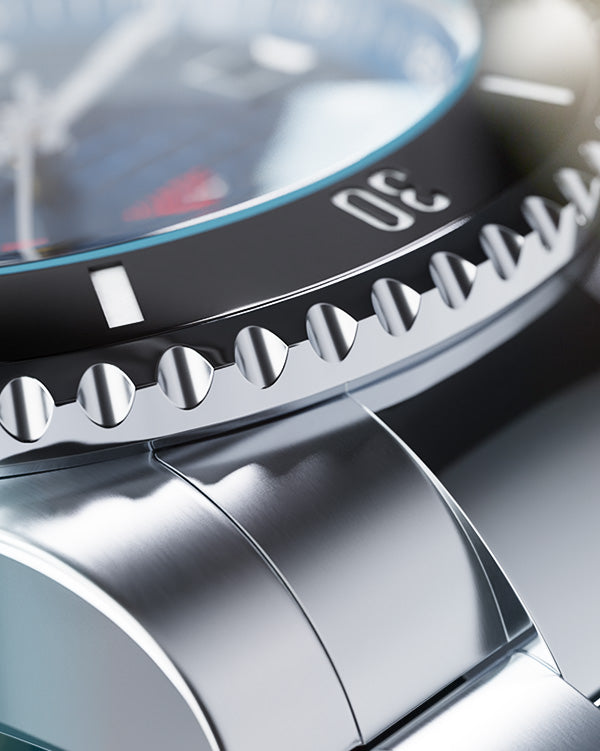 Highlighting the premium materials of Pompeak Watches Sub Aquatic; Brushed and polished 904L Stainless Steel, Ceramic Bezel Insert, AR Coated Sapphire Crystal