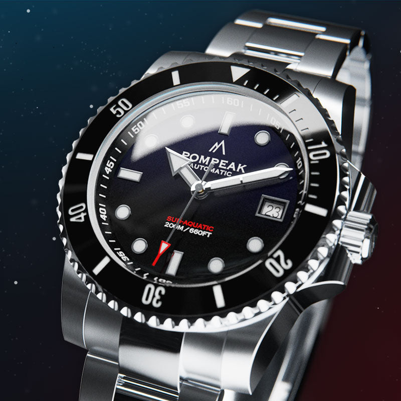 Pompeak Watches Sub Aquatic Blue black gradient dial 904L SW200 Automatic Dive Watch