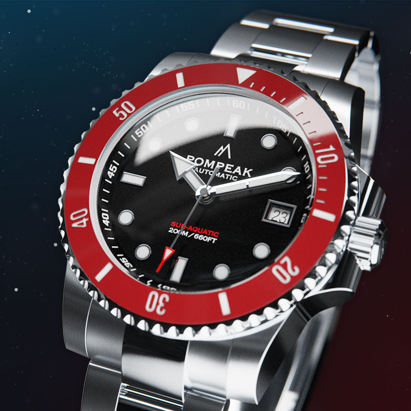 Pompeak Watches Sub Aquatic black dial red ceramic bezel 904L SW200 Automatic Dive Watch