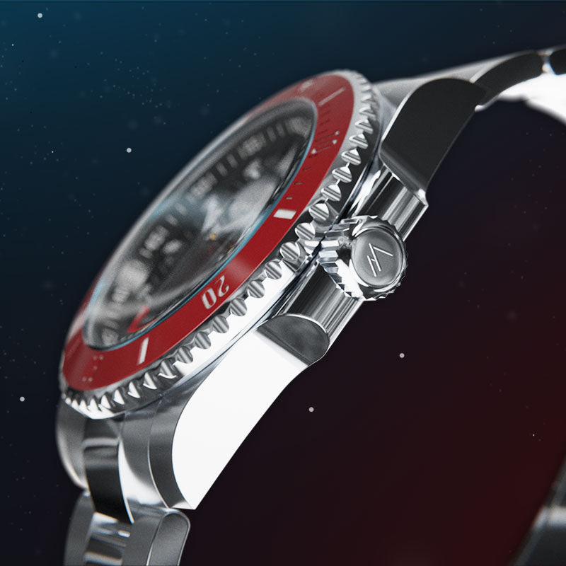 Pompeak Watches Sub Aquatic black dial red ceramic bezel 904L SW200 Automatic Dive Watch side on
