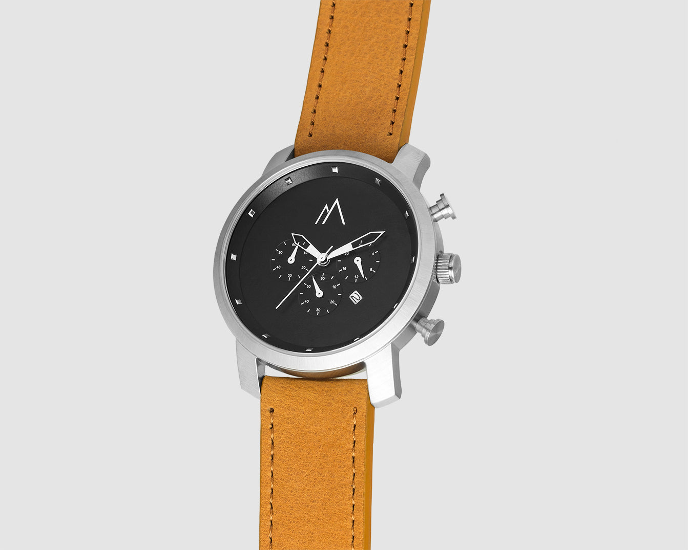 Quartz chronograph date watch tan interchangeable leather bands silver black 45mm