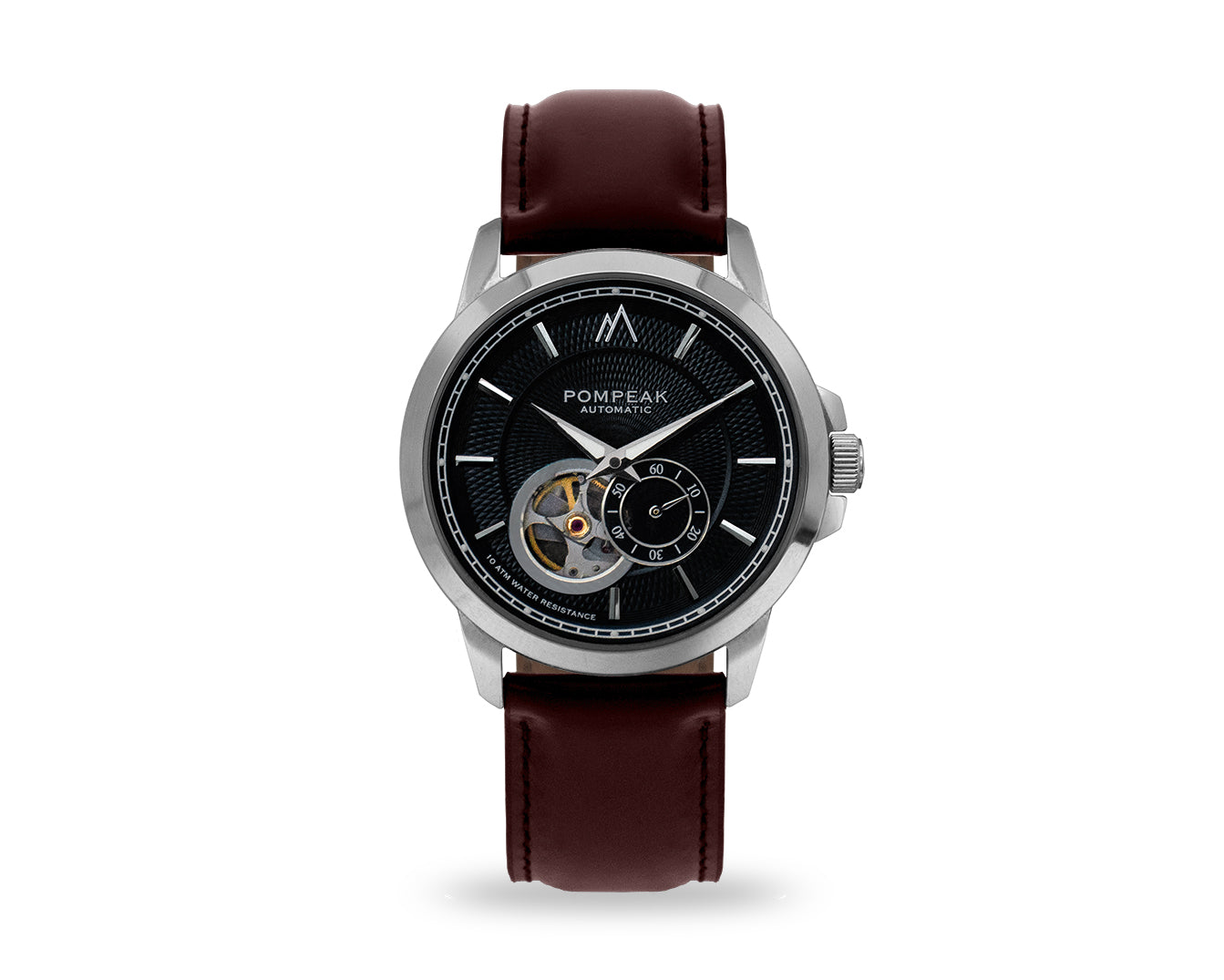 Pompeak automatic watch with full grain brown leather interchangeable strap.