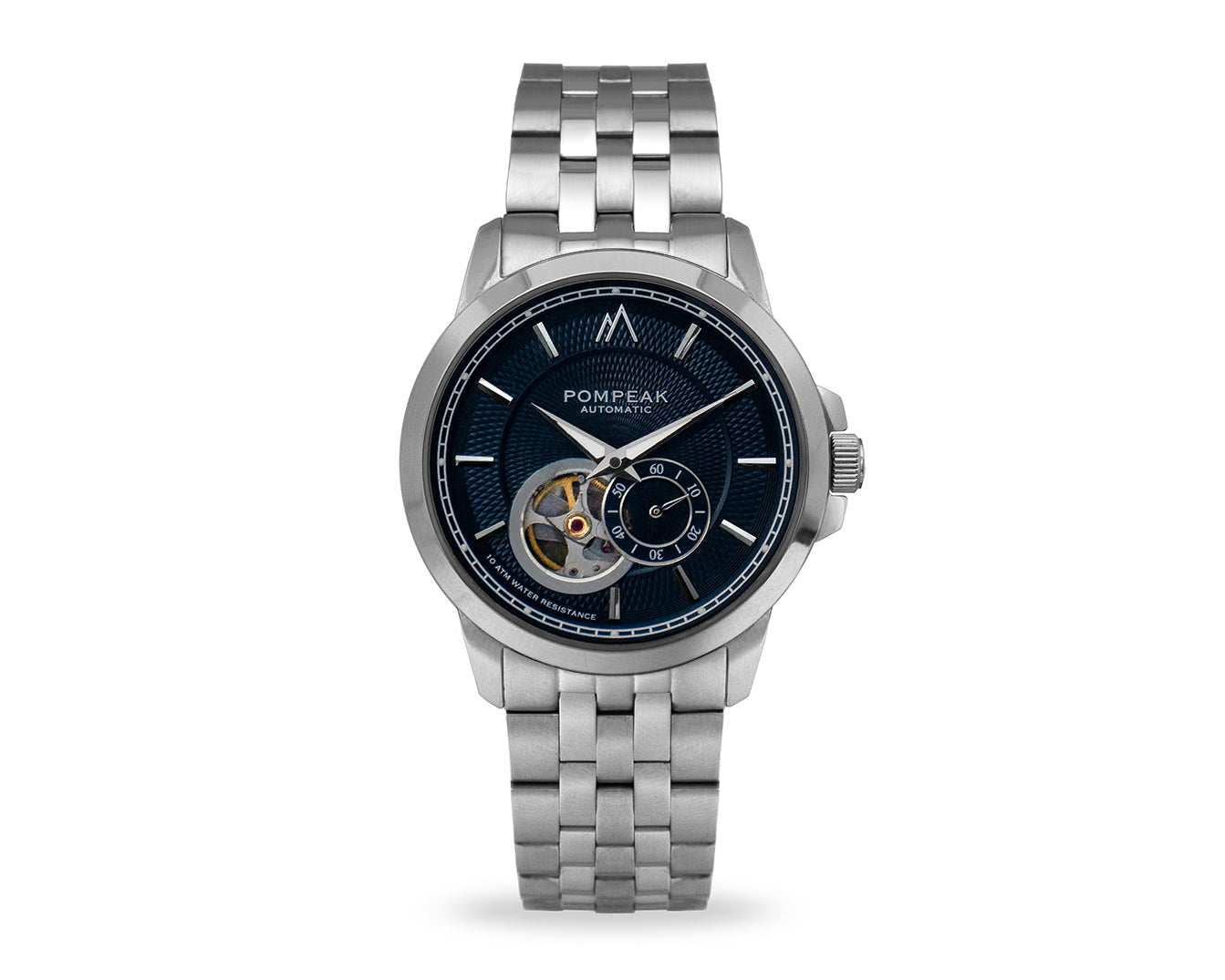 Pompeak automatic navy watch with 316L stainless steel bands and butterfly deployment clasp