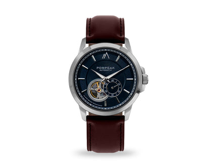 Pompeak automatic navy watch with full grain brown interchangeable straps