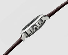 Load image into Gallery viewer, Pompeak automatic watch with mock croc full grain brown leather interchangeable strap. Side on.

