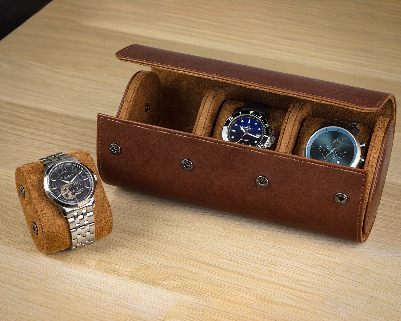 Brown three slot Leather Watch roll