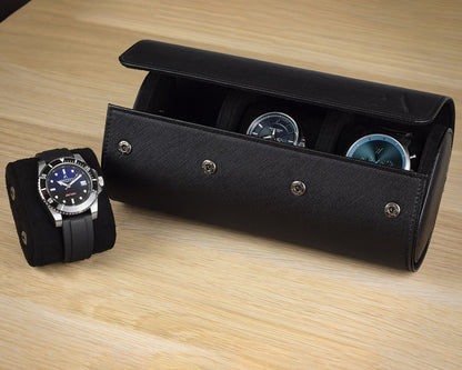 Black three slot Leather Watch roll