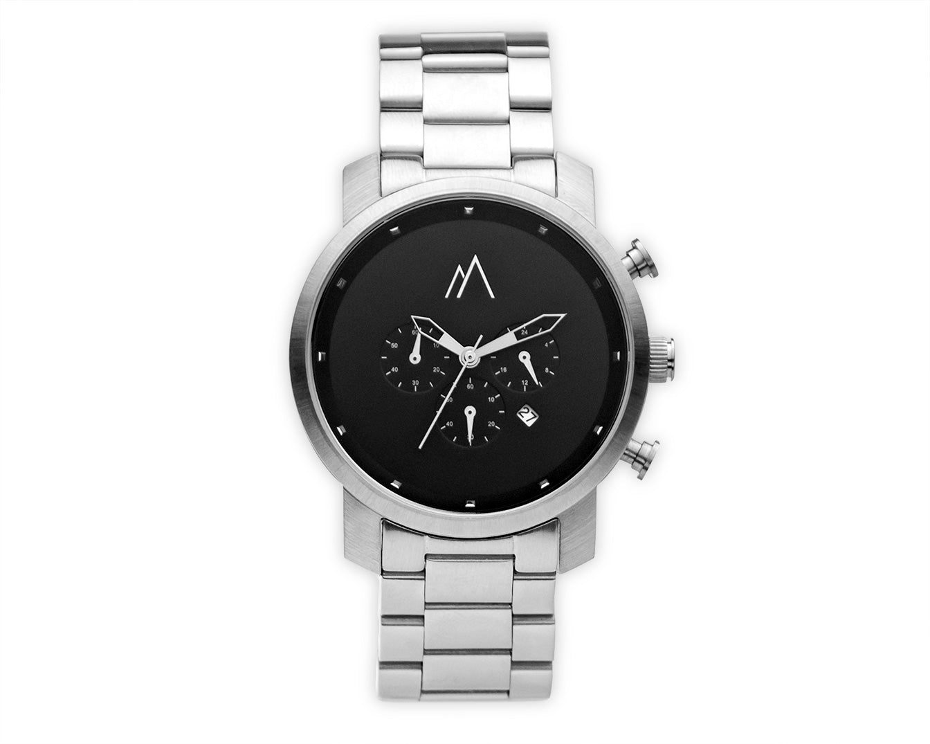 Quartz chronograph date watch metallic bands silver black