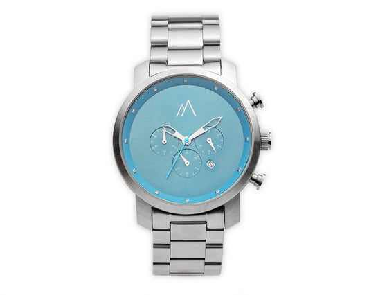 Quartz chronograph date watch metallic bands silver blue 45mm