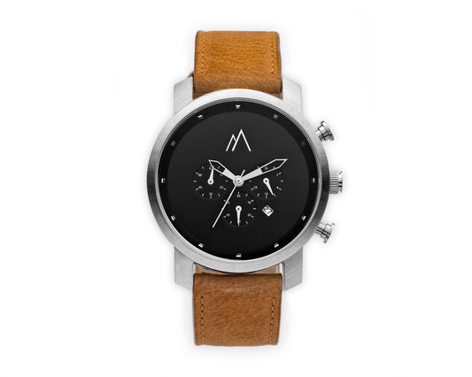 Quartz chronograph date watch tan interchangeable leather bands silver black 45mm